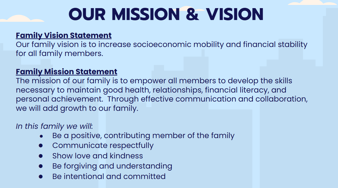 Original family mission and vision focused on socioeconomic mobility, financial stability, respectful communication, kindness, forgiveness, and intentional commitment.